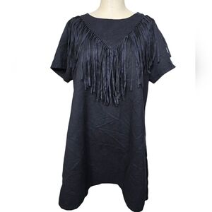 Pink Cattletac Navy Blue Fringe Short Sleeves Back Zip Dress XXL